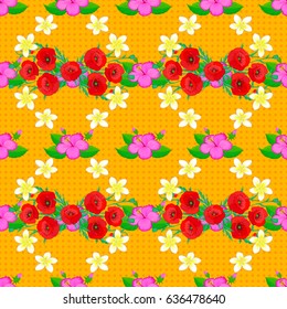 Traditional oriental seamless paisley pattern. Floral wallpaper on a yellow background. Vector striped seamless pattern with poppy flowers. Decorative ornament for fabric, textile, wrapping paper.