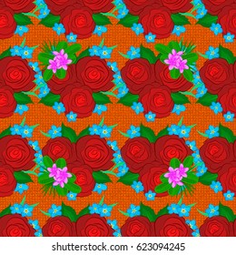 Traditional oriental seamless pattern. Decorative ornament for fabric, textile, wrapping paper. Floral wallpaper on orange backdrop. Vector striped seamless pattern with rose flowers and green leaves.