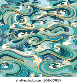 Traditional oriental seamless pattern with ocean waves, foam, splashes. Vector backdrop