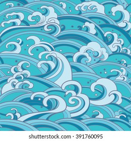 Traditional oriental seamless pattern with ocean waves, foam, splashes. Vector sea backdrop