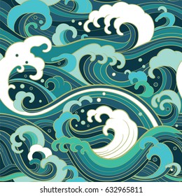 Traditional oriental seamless pattern with ocean waves, foam, splashes. Vector backdrop