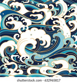 Traditional oriental seamless pattern with ocean waves, foam, splashes. Vector backdrop