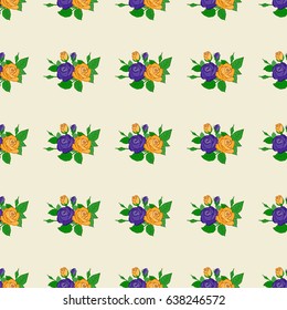 Traditional oriental seamless pattern. Vector striped seamless pattern with rose flowers and green leaves. Decorative ornament for fabric, textile, wrapping paper. Floral wallpaper on beige background