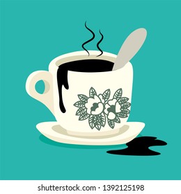 Traditional oriental style coffee on turquoise colour background. Vintage floral pattern cup and plate set with tea spoon. Flat art vector icon