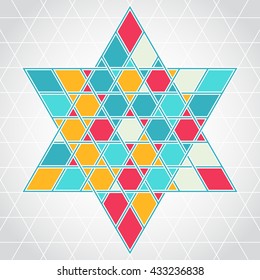 Traditional oriental tangled six-rays star symbol. Jewish star Magendavid - Star of David. Vector illustration. Colorfur patterned geometric background.