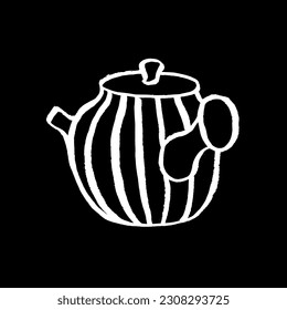 Traditional oriental teapot. Vector drawing by hands. China, Japan, oriental tea ceremony. Tradition, sketch, doodle, calligraphy, graphics, brush, white on black. Eps10