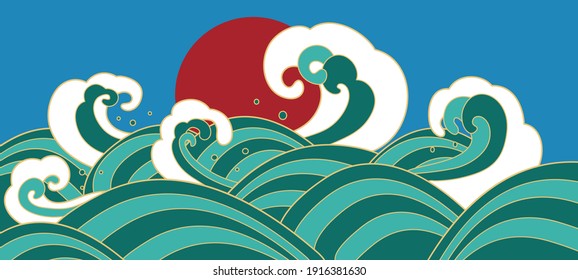 Traditional oriental waves with red sun. Japanese seascape. Vector illustartion.