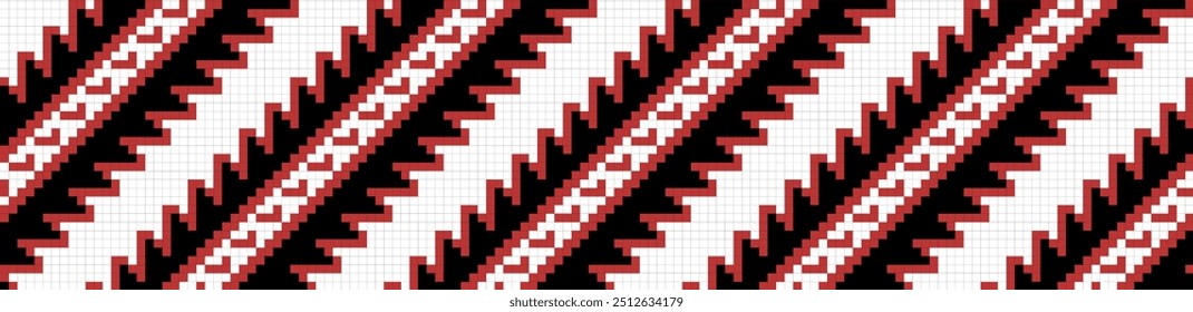 Traditional ornament seamless pattern, geometric style cross stitch embroidery, decorative ethnic texture. Pixel art decorative pattern, black, red and white colors.