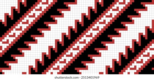 Ornamento tradicional sin patrón, bordado de punto de cruz de estilo geométrico, textura étnica decorativa. Patrón decorativo del arte del pixel, colores negros, rojos y blancos.