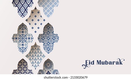 Traditional ornamental arabic tiles, patterns through ornamental arabesque window. Greeting card, invitation. Muslim holiday Ramadan Kareem. Vector illustration background, Eid Mubarak web banner.