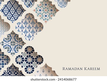 Traditional ornamental blue arabic tiles, patterns through cut out arabesque window. Greeting card, invitation. Muslim holiday Ramadan Kareem. Vector illustration beige background, Eid Mubarak banner.