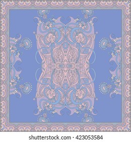 Traditional ornamental floral bandanna. Authentic silk scarf, square pattern design in ethnic style for print on fabric, tile, wrapping paper. Vector illustration. Boho chic, vintage fashion
