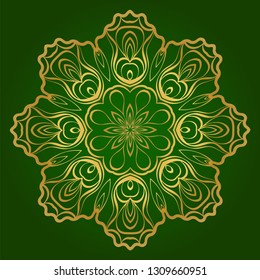 Traditional Ornamental Floral Mandala. Vector Illustration. For Coloring Book, Greeting Card, Invitation, Tattoo. Anti-Stress Therapy Pattern. Green gold color.