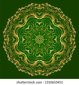 Traditional Ornamental Floral Mandala. Vector Illustration. For Coloring Book, Greeting Card, Invitation, Tattoo. Anti-Stress Therapy Pattern. Green gold color.