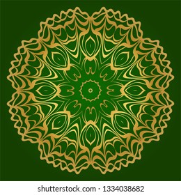 Traditional Ornamental Floral Mandala. Vector Illustration. For Coloring Book, Greeting Card, Invitation, Tattoo. Anti-Stress Therapy Pattern. Green gold color.