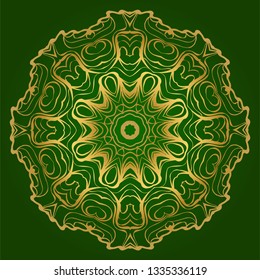 Traditional Ornamental Floral Mandala. Vector Illustration. For Coloring Book, Greeting Card, Invitation, Tattoo. Anti-Stress Therapy Pattern. Green gold color.