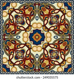 Traditional ornamental floral paisley bandanna. Square ornament. You can use this pattern in the design of carpet, shawl, pillow, cushion, beige colour