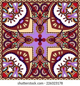 Traditional ornamental floral paisley violet colour bandanna. Square ornament. You can use this pattern in the design of carpet, shawl, pillow, cushion, vector illustration