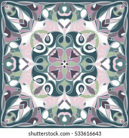 Traditional ornamental green and lilac bandanna. You can use this pattern in the design of carpet, shawl, pillow, cushion.