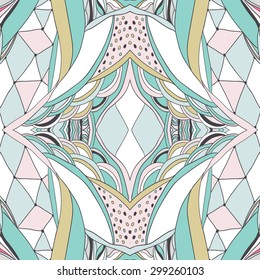 Traditional ornamental paisley bandanna. Hand drawn background with artistic pattern. Pastel colors. Seamless pattern can be used for wallpaper, fills, background