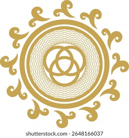 Traditional Ornamental Round Emblem with Geometric and Curved Details in Gold Style