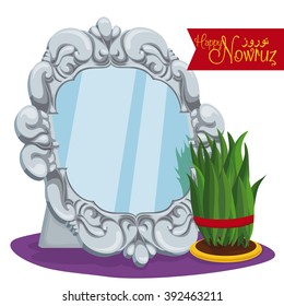 Traditional ornaments for Nowruz (Persian New Year) holiday: mirror with silver frame and wheat grass (or "Sabzeh") tied with red ribbon.