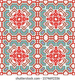 Traditional ornate mexican talavera. Bathroom design. Vector seamless pattern trellis. Red abstract background for web backdrop, print, pillows, surface texture, wallpaper, towels.