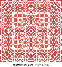 Traditional ornate mexican talavera. Bathroom design. Vector seamless pattern flyer. Red abstract background for web backdrop, print, pillows, surface texture, wallpaper, towels.