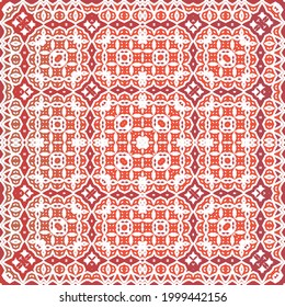Traditional ornate mexican talavera. Bathroom design. Vector seamless pattern flyer. Red abstract background for web backdrop, print, pillows, surface texture, wallpaper, towels.