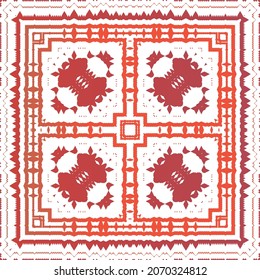 Traditional ornate mexican talavera. Bathroom design. Vector seamless pattern flyer. Red abstract background for web backdrop, print, pillows, surface texture, wallpaper, towels.