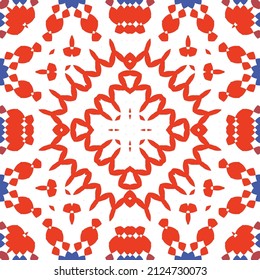 Traditional ornate mexican talavera. Bathroom design. Vector seamless pattern concept. Red abstract background for web backdrop, print, pillows, surface texture, wallpaper, towels.