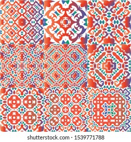 Traditional ornate mexican talavera. Collection of vector seamless patterns. Universal design. Red abstract backgrounds for web backdrop, print, pillows, surface texture, wallpaper, towels.