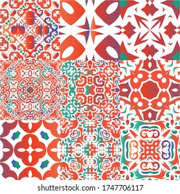 Traditional ornate mexican talavera. Collection of vector seamless patterns. Universal design. Red abstract backgrounds for web backdrop, print, pillows, surface texture, wallpaper, towels.