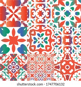 Traditional ornate mexican talavera. Collection of vector seamless patterns. Colored design. Red abstract backgrounds for web backdrop, print, pillows, surface texture, wallpaper, towels.