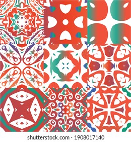 Traditional ornate mexican talavera. Collection of vector seamless patterns. Colored design. Red abstract backgrounds for web backdrop, print, pillows, surface texture, wallpaper, towels.