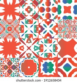 Traditional ornate mexican talavera. Collection of vector seamless patterns. Hand drawn design. Red abstract backgrounds for web backdrop, print, pillows, surface texture, wallpaper, towels.
