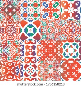 Traditional ornate mexican talavera. Colored design. Set of vector seamless patterns. Red abstract backgrounds for web backdrop, print, pillows, surface texture, wallpaper, towels.