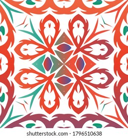 Traditional ornate mexican talavera. Colored design. Vector seamless pattern arabesque. Red abstract background for web backdrop, print, pillows, surface texture, wallpaper, towels.