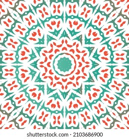 Traditional ornate mexican talavera. Colored design. Vector seamless pattern flyer. Red abstract background for web backdrop, print, pillows, surface texture, wallpaper, towels.
