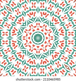 Traditional ornate mexican talavera. Colored design. Vector seamless pattern flyer. Red abstract background for web backdrop, print, pillows, surface texture, wallpaper, towels.