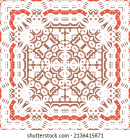 Traditional ornate mexican talavera. Colored design. Vector seamless pattern flyer. Red abstract background for web backdrop, print, pillows, surface texture, wallpaper, towels.