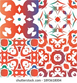 Traditional ornate mexican talavera. Creative design. Kit of vector seamless patterns. Red abstract backgrounds for web backdrop, print, pillows, surface texture, wallpaper, towels.