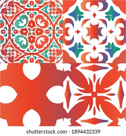 Traditional ornate mexican talavera. Fashionable design. Set of vector seamless patterns. Red abstract backgrounds for web backdrop, print, pillows, surface texture, wallpaper, towels.