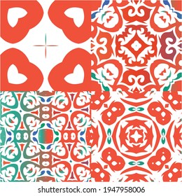 Traditional ornate mexican talavera. Fashionable design. Kit of vector seamless patterns. Red abstract backgrounds for web backdrop, print, pillows, surface texture, wallpaper, towels.