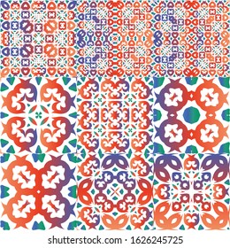 Traditional ornate mexican talavera. Geometric design. Kit of vector seamless patterns. Red abstract backgrounds for web backdrop, print, pillows, surface texture, wallpaper, towels.