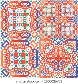 Traditional ornate mexican talavera. Graphic design. Set of vector seamless patterns. Red abstract backgrounds for web backdrop, print, pillows, surface texture, wallpaper, towels.