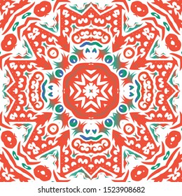 Traditional ornate mexican talavera. Hand drawn design. Vector seamless pattern watercolor. Red abstract background for web backdrop, print, pillows, surface texture, wallpaper, towels.