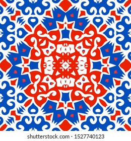 Traditional ornate mexican talavera. Hand drawn design. Vector seamless pattern watercolor. Red abstract background for web backdrop, print, pillows, surface texture, wallpaper, towels.