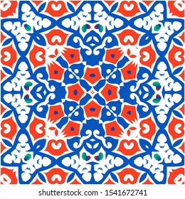 Traditional ornate mexican talavera. Hand drawn design. Vector seamless pattern watercolor. Red abstract background for web backdrop, print, pillows, surface texture, wallpaper, towels.