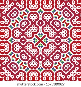 Traditional ornate mexican talavera. Hand drawn design. Collection of vector seamless patterns. Red abstract backgrounds for web backdrop, print, pillows, surface texture, wallpaper, towels.